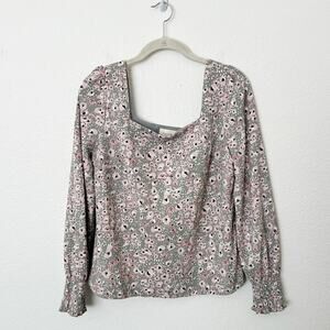[Melloday] Green Pink Square Neck Puff Sleeve Floral Print Blouse Size Medium M